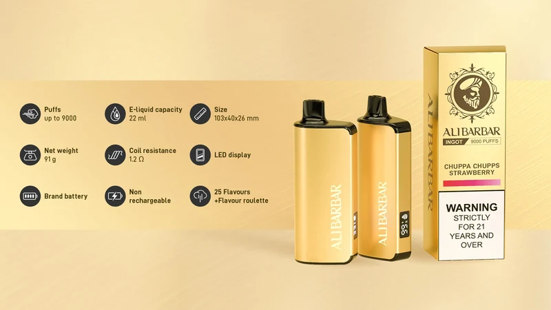 Alibarbar Ingot 9000 specifications: 22ml e-liquid, 1.2 ohm coil, LED display, non rechargeable