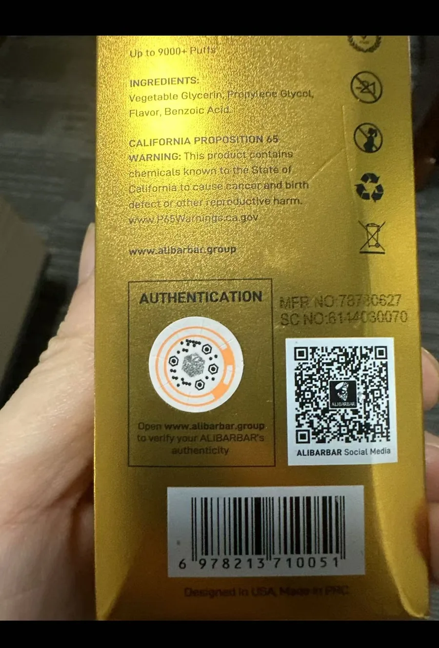 AliBarBar authentication sticker, unique code and QR code printed on the back of the box