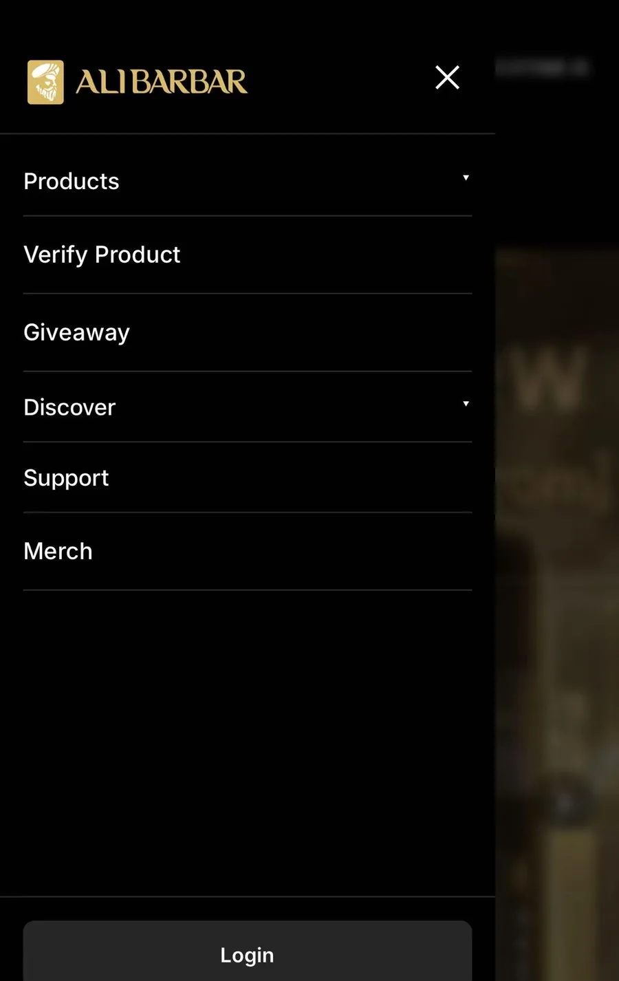 Official AliBarBar website menu showing the Verify Product option